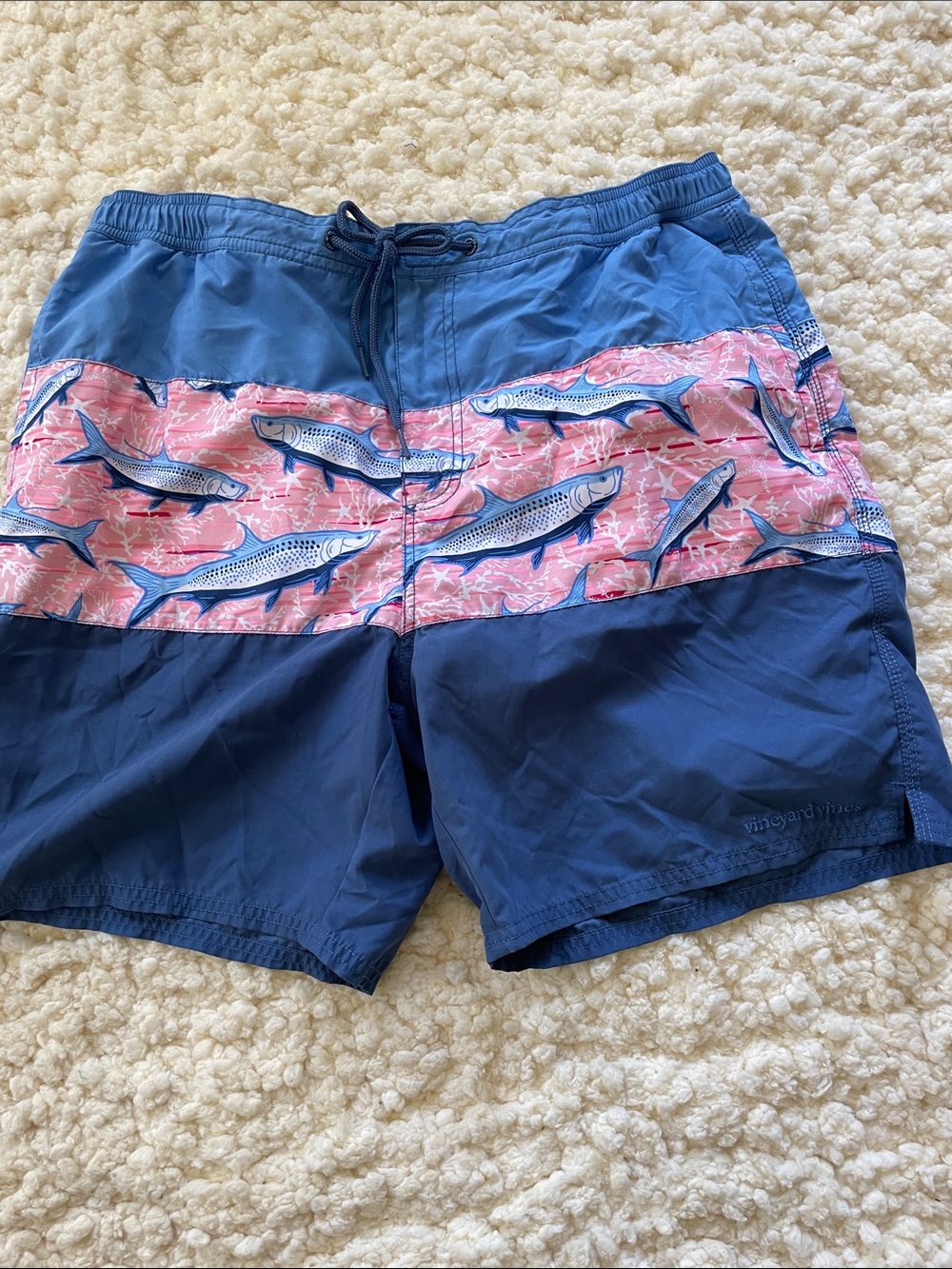 Vineyard Vines Blue Swim Shorts with Pink Fish Panel